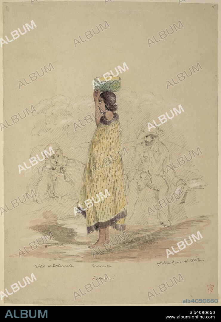 CUTHBERT C. CLARKE. Maori woman sketched by artist. Drawings and sketches in New Zealand. New Zealand; 1850. [Drawing no.65] Horowai, sketch at Matamata. A Maori woman holding a basket on her head, is sketched by an artist, as another man looks on  Image taken from Drawings and sketches in New Zealand.  Originally published/produced in New Zealand; 1850. . Source: Add. 19954, f.55. Language: English.
