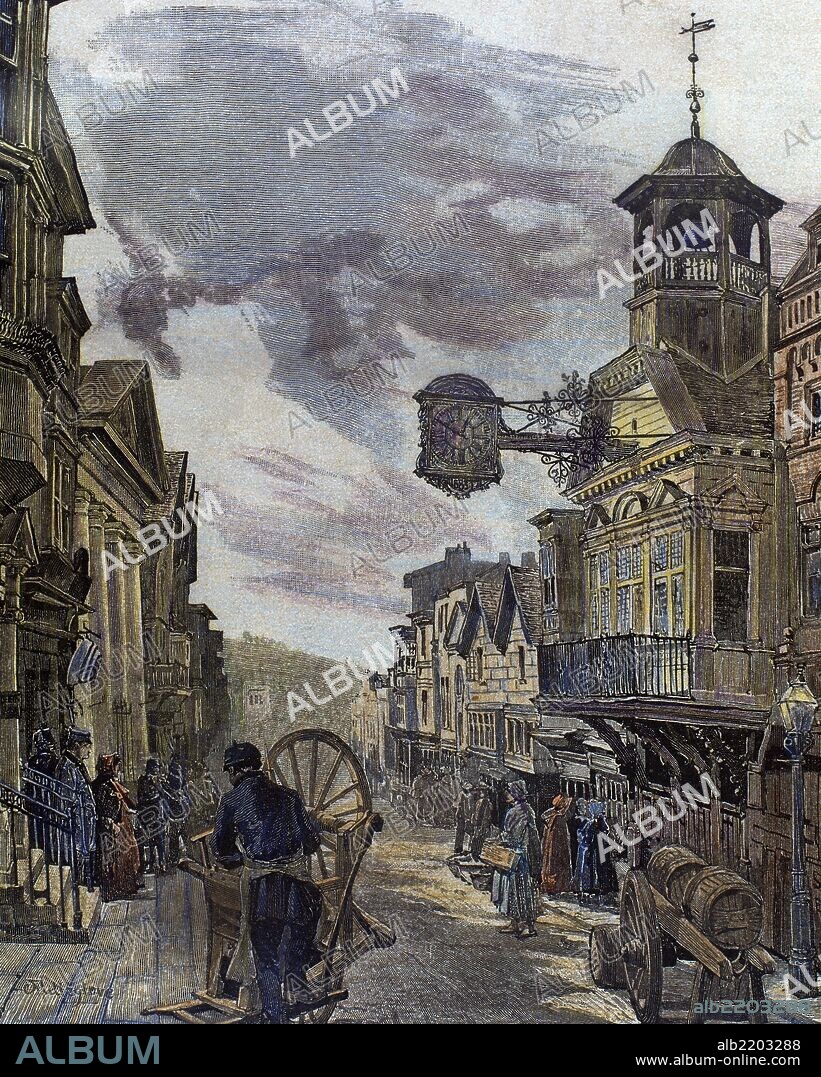 Una calle de LONDRES en el siglo XIX. INGLATERRA. "La Ilustración Ibérica", año 1885. Grabado por Millerlove. Coloreado.