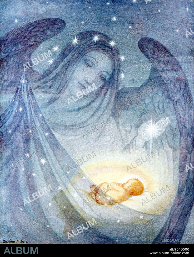 The Spirit of Christmas Night keeps watch over the Holy Child. Reproduced from a water colour by Daphne Allen. Daphne Constance Allen (6 January 1899 - 1985) was an English artist who achieved recognition at an early age as a painter and illustrator. Throughout her career she painted religious subjects and landscapes.