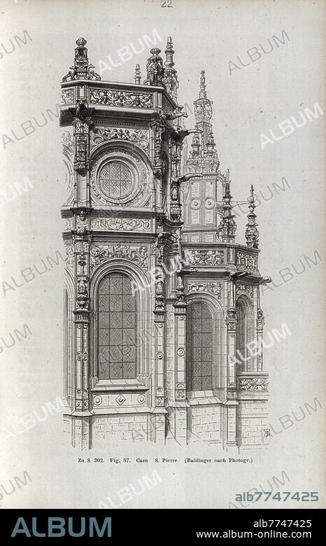 Caen S. Pierre, View of the façade of the Church of Saint-Pierre in Caen, signed: Baldinger, Fig. 87, p. 661, Baldinger, Franz Heinrich, 1867, Jacob Burckhardt; Wilhelm Lübke: Geschichte der neueren Baukunst. Stuttgart: Verlag von Ebner & Seubert, 1867.