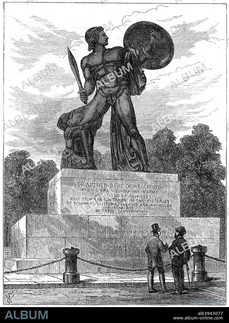 The statue of Achilles, London, 1891. The statue of Achilles is the dominant feature of the Wellington Monument in Hyde Park Corner. It was cast from cannons captured in the Duke of Wellington's military campaigns. From Old and New London: a Narrative of its History, its People and its Places, volume IV, by Edward Walford, pulished by Cassell and Company (1891).