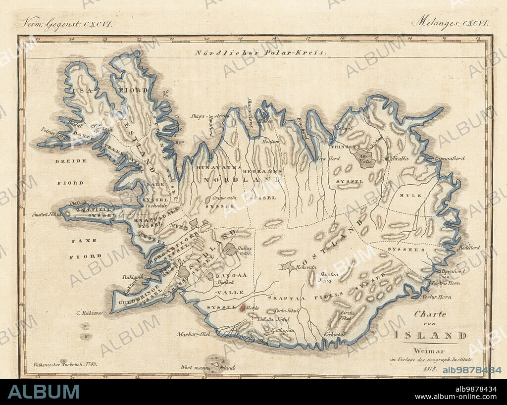 Map of the island of Iceland, 1815. With the town of Reykjavik, volcanic mountains of Hekla, Krafla, Skaftafell, Eyjafjallajökull, etc. Copied from an illustration by cartographer Carl Ferdinand Weiland of Weimar, Verlage des Geograph Instituts, 1815. Handcoloured copperplate engraving from Carl Bertuch's Bilderbuch fur Kinder (Picture Book for Children), Weimar, 1815. A 12-volume encyclopedia for children illustrated with almost 1,200 engraved plates on natural history, science, costume, mythology, etc., published from 1790-1830.