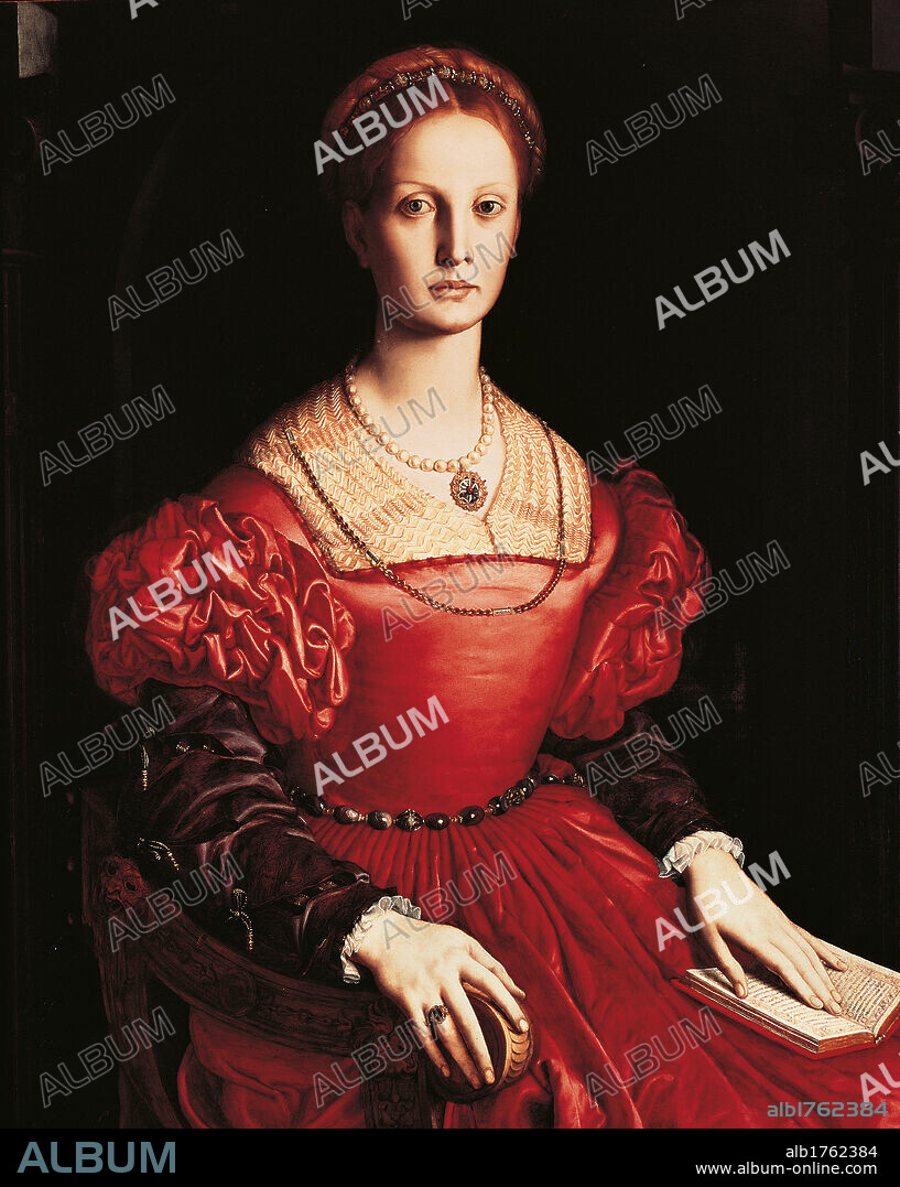 Portrait of Lucrezia Panciatichi, by Angelo (or Agnolo) Allori known as Bronzino, 1540-1546 about, 16th Century, oil on panel, cm 102 x 85. Italy, Tuscany, Florence, Uffizi Gallery. In the Gallery collections since 1704. All. Portrait of Lucrezia Panciatichi book armchair wood refined cloth garment dress ring necklaced pearls precious stone hairstyle plait braid red black flesh pink white puffed sleeves. Authorization required for non editorial use.