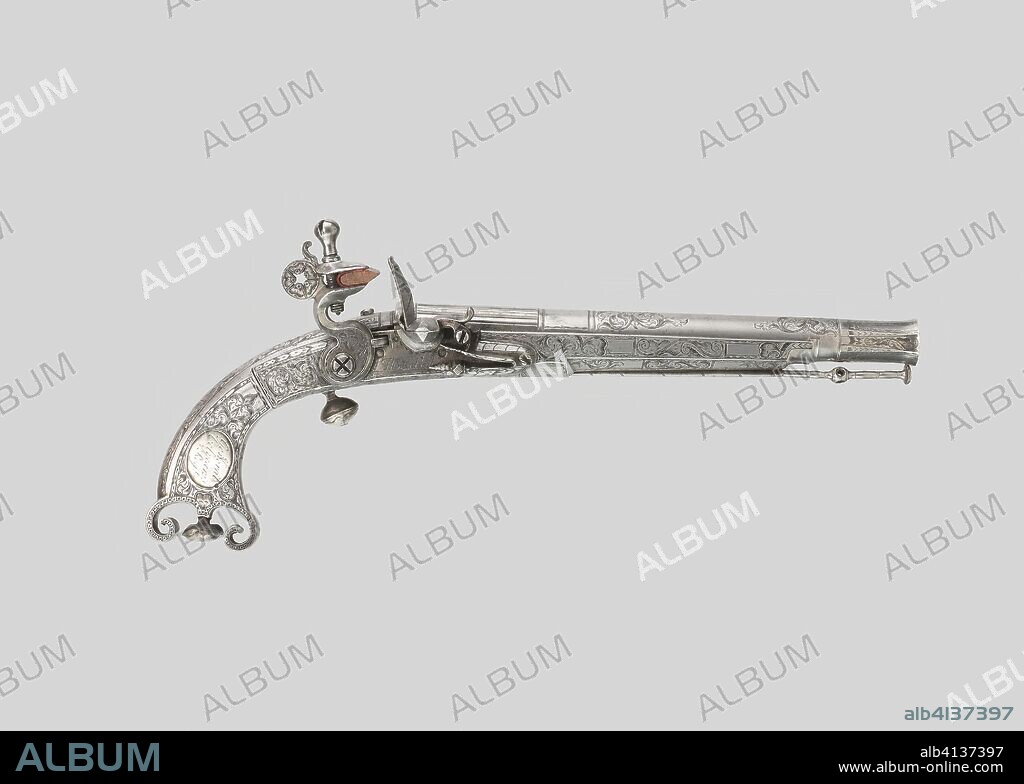Flintlock Belt Pistol. Gunsmith: Thomas Caddell (Scottish); Doune. Date: 1730-1740. Dimensions: L. 31 cm (12 3/16 in.)
Barrel L. 21 cm (8 1/4 in.)
Caliber .56
Wt. 1 lb. 8 oz. Steel, silver, leather, and wood. Origin: Scotland.