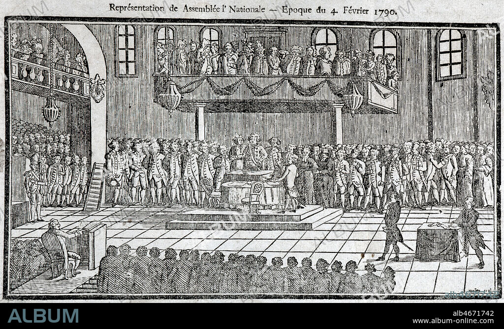 'Representation de l'Assemblee Nationale. Epoque du 4 fevrier 1790'. Discours de Louis XVI le 4 fevrier 1790. Le roi rappelle tout ce qu'il a fait pour la reforme des abus et le bien du peuple; il promet de maintenir la liberte constitutionnelle, il invite a la concorde qui peut seule assurer le succes des travaux de l'Assemblee. Apres son depart tous les deputes prononcent a la tribune le serment civique. Gravure publiee dans l'ouvrage Almanach historique ou 'Le messager boiteux' par Antoine SOUCI en 1791. Credit : Coll. Diry/KHARBINE-TAPABOR.