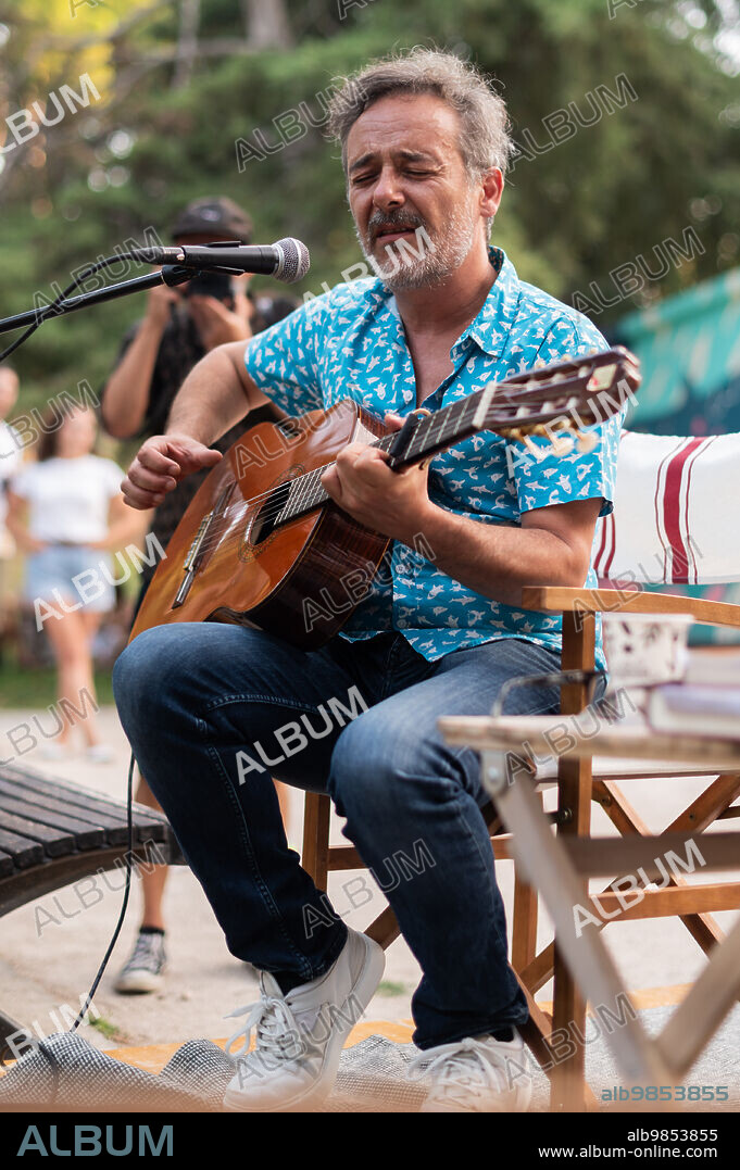 Santi Balmes, Spanish indie-pop musician and writer, front man of the band Love of Lesbian, performs live at El Kiosko de las Letras in Labordeta Park, Zaragoza, Spain .