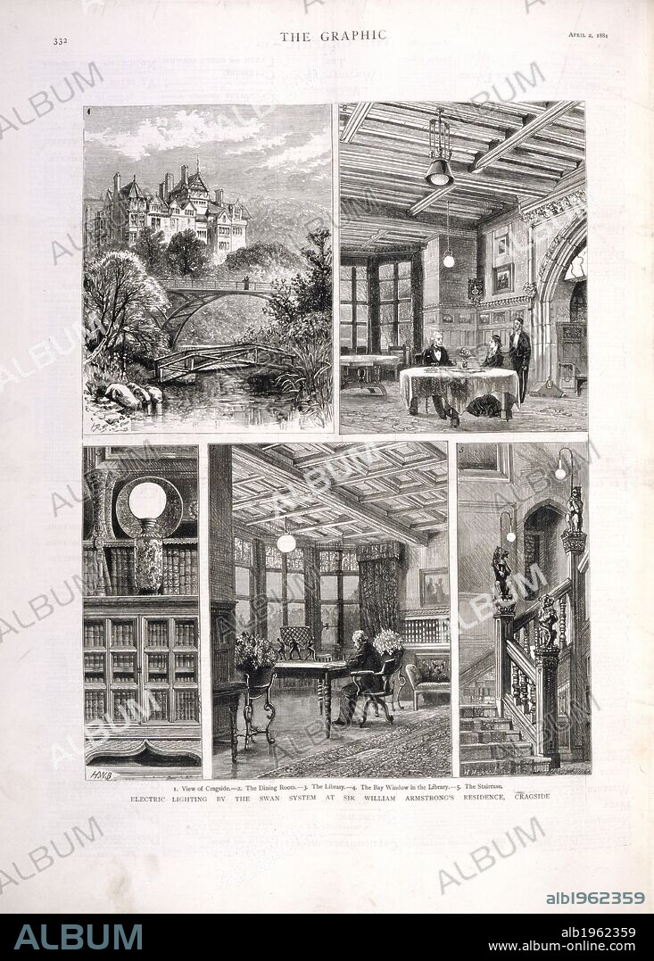 Cragside. The Graphic. 2nd April 1881. An exterior view and four interior views of Cragside, the residence of Sir William Armstrong.  Image taken from The Graphic.  Originally published/produced in 2nd April 1881. . Source: Colindale, 332. Language: English.