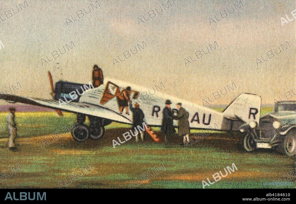Junkers F13 L plane, 1920s, (1932). The world's first all-metal transport aircraft, developed in Germany at the end of World War I. From "Die Eroberung Der Luft", (The Conquest of the Air), cigarette card album produced by the Garbáty cigarette factory, 1932. Eugene and Moritz Garbáty, who were Jewish, were driven out of business by the Nazis in the late 1930s, and forced to sell their factory which lay empty for over 70 years. [Garbaty Cigarettenfabrik, Berlin-Pankow, 1932].