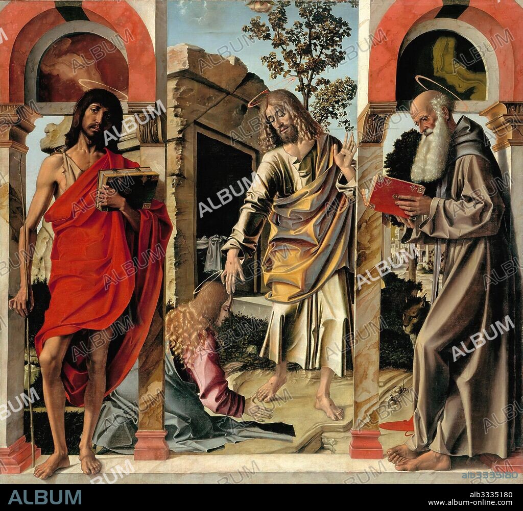 BARTOLOMEO MONTAGNA. Resurrected Christ with Mary Magdalen and Saints John the Baptist and Jerome.