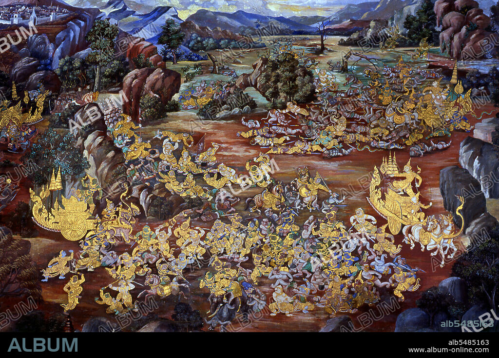 The Ramayana is a story as old as time and - at least in the Indian subcontinent and across much of Southeast Asia - of unparalleled popularity. More than two thousand three hundred years ago the scholar-poet Valmiki sat down to write his definitive epic of love and war. The poem Valmiki composed is styled the Ramayana, or 'Romance of Rama' in Sanskrit. In its present form, the Sanskrit version consists of some 24,000 couplets divided into seven books. The Ramakien is the Thai version of this epic and has an important influence on Thai literature, art and drama. It is regarded as the National Epic of Thailand. Wat Phra Kaew (Temple of the Emerald Buddha); full official name Wat Phra Si Rattana Satsadaram is regarded as the most sacred Buddhist temple in Thailand. It is located within the precincts of the Grand Palace. The Grand Palace served as the official residence of the Kings of Thailand from the 18th century onwards. Construction of the Palace began in 1782, during the reign of King Rama I, when he moved the capital across the river from Thonburi to Bangkok.