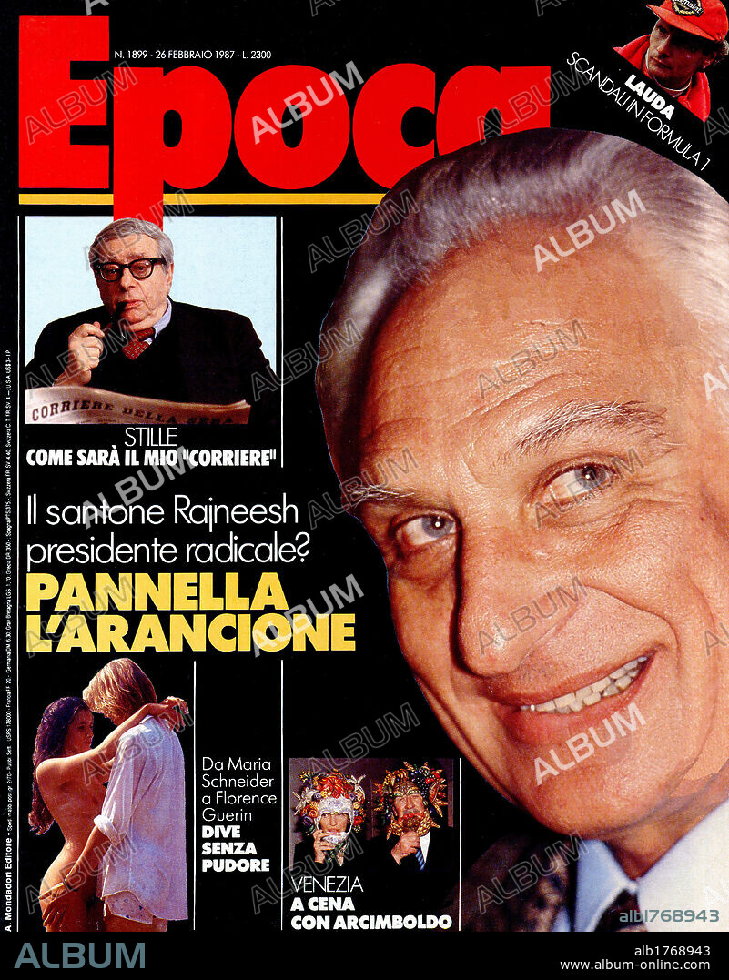 Cover of 'Epoca'. The cover of the weekly magazine 'Epoca' showing the Italian politician Marco Pannella. In smaller insets the Italian-American journalist Ugo Stille and the Austrian driver Niki Lauda are portrayed. Italy, 26th February 1987.