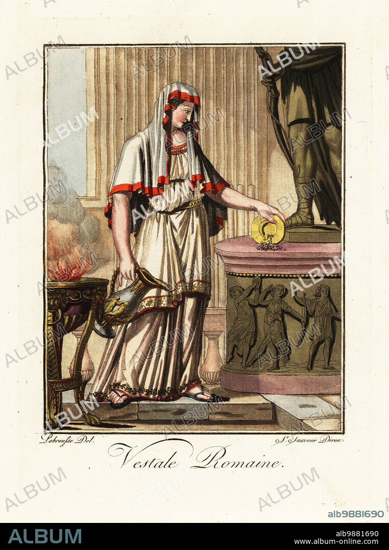 Vestal Virgin, priestess of Vesta, goddess of the hearh, ancient Rome. She wears a stola and palla or shawl, stands before the sacred hearth with water pitcher and patera. Vestale Romaine. Handcoloured copperplate drawn and engraved by L. Labrousse, artist of Bordeaux, under the direction of Jacques Grasset de Saint-Sauveur from his Lantique Rome, ou description historique et pittoresque, Ancient Rome, or historical and picturesque description, Chez Deroy, Paris, 1796.