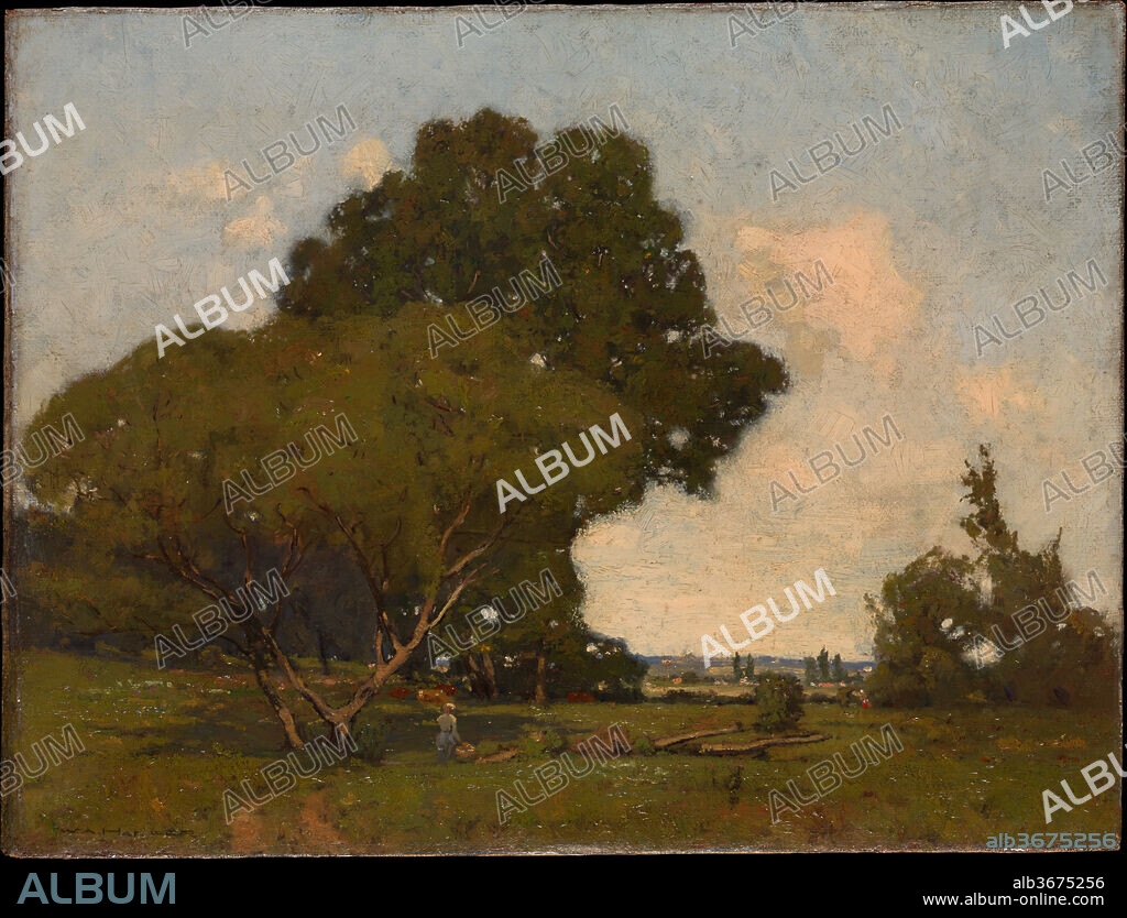 The Trees, Early Afternoon, France. Artist: William A. Harper (American (born Canada), Cayuga 1873-1910 Mexico City). Dimensions: 20 × 26 in. (50.8 × 66 cm). Date: ca. 1905.
This rare work by the African American landscape painter William A. Harper depicts a bucolic scene in the French countryside. Canadian-born and Chicago-trained, Harper also studied informally in Paris with Henry Ossawa Tanner, the leading African American expatriate of his generation. Harper's interest in painting regional subjects outside of Paris's urban environs was shared by many American artists in these years. In transitional works such as this scene, Harper revealed the influence on his art of the French Barbizon painters as well as the Impressionists and Post-Impressionists.