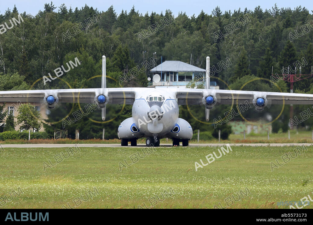 Antonov An-22 Antei military transport aircraft of the Russian Air Force taxiing for departure, Kubinka, Russia.