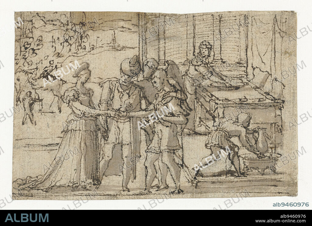 Design for a tapestry, The Marriage of Tobias and Sara, draughtsman: Pieter Coecke van Aelst (I), 1540 - 1545, paper, pen, brush, h 73 mm × w 110 mm.