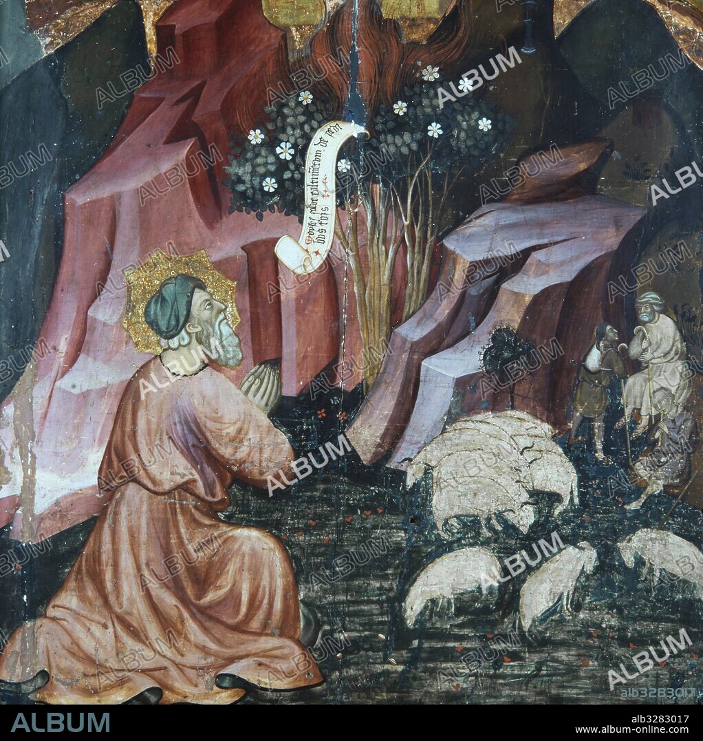 RAMON DE MUR. Altarpiece from Guimerà, 1402 - 1412. Prophet Moses and the burning bush. Tempera on wood. 526 x 676 cm. Twelve panels to have been conserved. From the parish church of Santa Maria in Guimerà (Alt Urgell). Museu Episcopal de Vic.