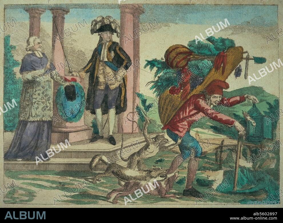 ANONYM. Französische Revolution 1789-1799. "Ca n' durra pas toujours.". (Das wird nicht ewig dauern.). (Karikatur: Der französische Bauer trägt alle Lasten, die ihm Adel und Geistlichkeit aufgebürdet haben.). Radierung, koloriert, zeitgenössisch. Berlin, Deutsches Historisches Museum.