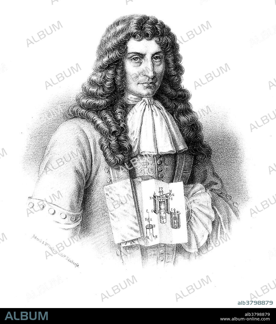 Papin holding a diagram of a steam engine, lithograph, 1689. Denis Papin (August 22, 1647 - 1712) was a French physicist, mathematician and inventor. He worked with Robert Boyle from 1676-79, publishing an account of his work in Continuation of New Experiments (1680). During this period, Papin invented the steam digester, a type of pressure cooker with a safety valve. While in Marburg in 1690, having observed the mechanical power of atmospheric pressure on his digester, he built a model of a piston steam engine. In 1704, he constructed a ship powered by his steam engine, mechanically linked to paddles. This made him the first to construct a steam-powered boat (or vehicle of any kind). In 1705 he developed a second steam engine with the help of Gottfried Leibniz, based on an invention by Thomas Savery, but this used steam pressure rather than atmospheric pressure. He returned to London where several of his papers were put before the Royal Society between 1707-12 without acknowledging or paying him. The last surviving evidence of his whereabouts came in a letter he wrote dated January 23, 1712. At the time he was destitute, and it is believed he died that year and was buried in an unmarked pauper's pit.