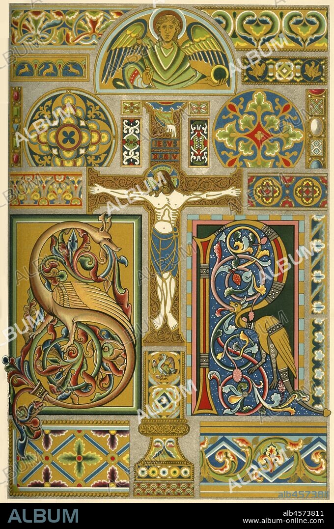 Medieval enamel and illuminated manuscripts, (1898). 'Fig: 1: Initial from a German manuscript (Rhenish school), 11th-12th century, in the Library at Paris. Fig 2: Initial from a German manuscript of the 12th century, from a private collection at Cologne. Fig 3: Relic-cross from the first half of the 12th cent, in the Diocesan-Museum at Freising. Fig 4: Pilaster from the shrine of St. Heribertus in the Benedictine-Abbey at Deutz, mid 12th century. Figs 5 and 10: From the shrine of the great relics at Aachen, 12th century. Fig 6: From a collection at Bonn, 12th century. Fig 7: Decoration from the Anno-shrine in the former abbey at Siegburg, 11th century. Figs 8 and 9: From a reliquary in South-Kensington Museum at London, 12th century. Fig 11: From a little reliquary, 12th century. Figs 12 and 13: From the portable altar of St. Andrews in the cathedral at Treves, 10th century. Fig 14: Flat disk of gilt copper in private possession at Bamberg, 12th century. Fig 15: Half from a shrine in the former abbey at Siegburg, 11th century. Figs 16-19: Decorations on double crosses at Essen, 11th century. Fig 20: Half figure of an angel from the shrine of St, Heribertus, see Fig 4. Fig 21: From the shrine of Charlemagne at Aachen, 12th century. Figs 22 and 23: From the Mauritius-shrine at Siegburg, 11th century. Fig 24: From an altar-wall, 12th century...In the art of enamelling, which had been transferred from Byzantium to Germany, the German artists attained a high point of perfection'. Plate 35 from "The Historic Styles of Ornament" translated from the German of H. Dolmetsch. [B.T. Batford, London, 1898].