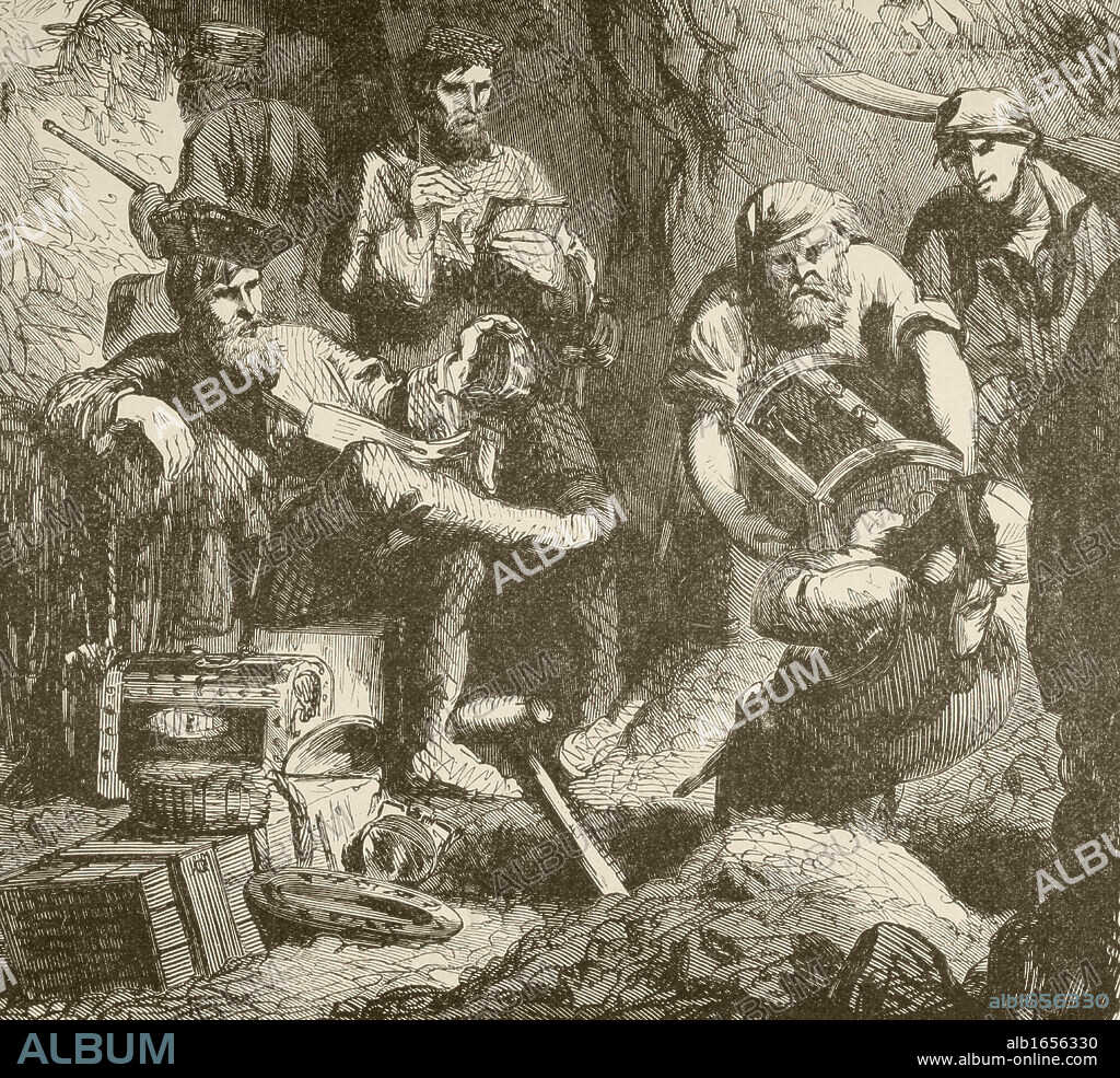 William "Captain" Kidd circa 1645 to 1701. Scottish pirate. Here seen burying his treasure.