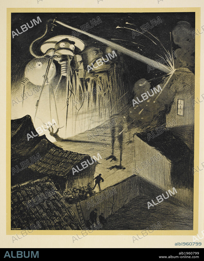 The Martian tripods, firing on houses. An illustration from the science fiction novel 'war of the worlds', by H.G.Wells,  Author Herbert George Wells, Illustrated by Henrique Alvim-Correa.