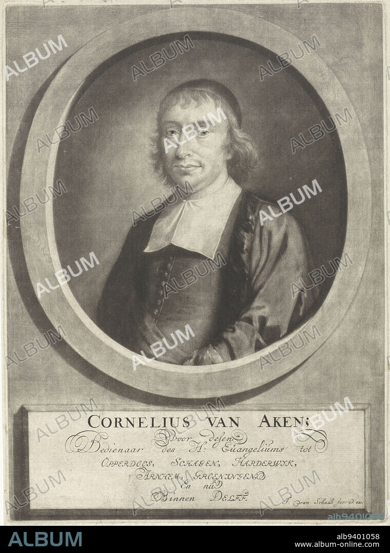 Portrait of the preacher Cornelius of Aachen, print maker: Jeremias van Schaak, (mentioned on object), intermediary draughtsman: Monogrammist WH (inventor), publisher: Jeremias van Schaak, (mentioned on object), Delft, 1690 - 1727, paper, engraving, h 244 mm × w 180 mm.