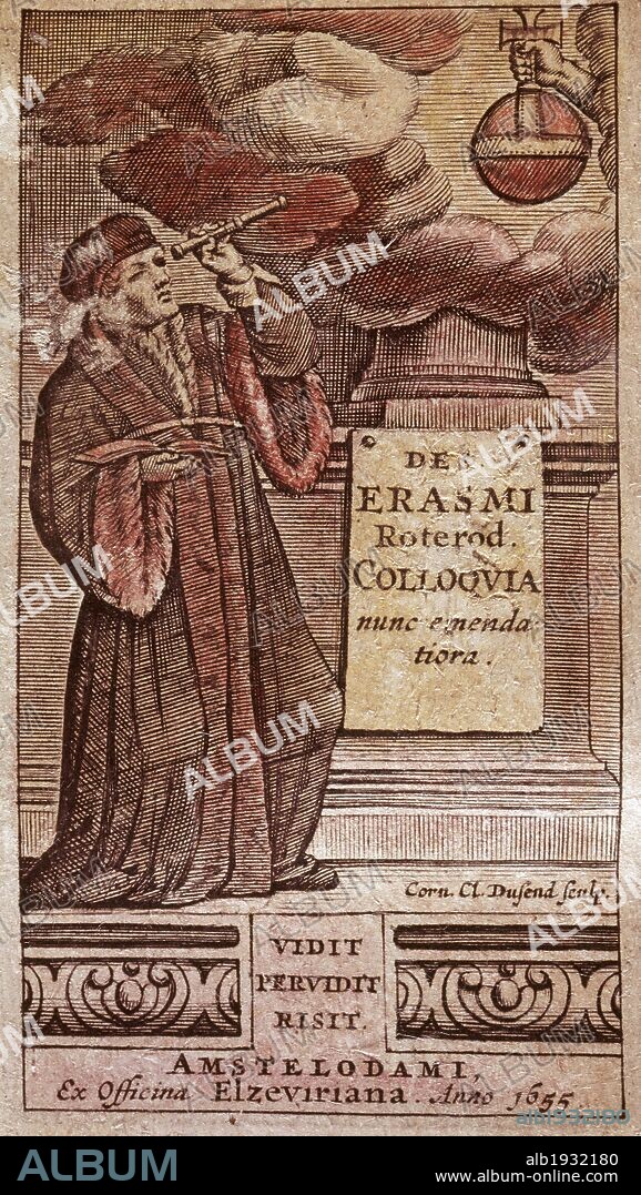 ERASMO DE ROTTERDAM, Desiderio (Rotterdam, entre entre 1446-1469-Basilea, 1536). Humanista holandés. Frontispicio de la obra "COLLOQUIA" (1522) de la edición de 1655. Obra iniciada en París en 1496 y en principio destinada a la enseñanza del latín matizándose después hasta convertirse en una obra referida a las corruptelas de la devoción tradicional. Biblioteca de Cataluña. Barcelona.