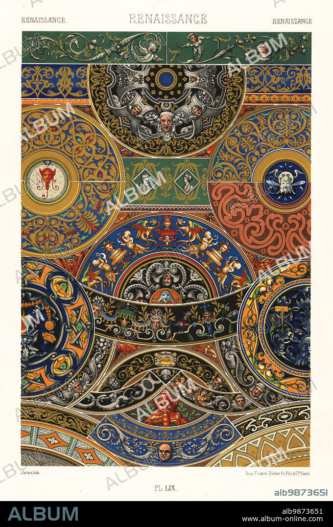 Renaissance art: Limoges enamels and Italian earthenware. Limoges enamels by Martin Limosin 1-3, Leonard Limosin 4-6, studio of Pierre Raymond 7-9, borders by Pierre Courteys 10-13, border by Jean Courteys 14, border by Jehan Court 15,16. Fragments of Italian earthenware 17-40. Hand-finished chromolithograph by Jetot from Albert-Charles-Auguste Racinets LOrnement Polychrome, (Polychromatic Ornament), Firmin-Didot, Paris, 1869-73.