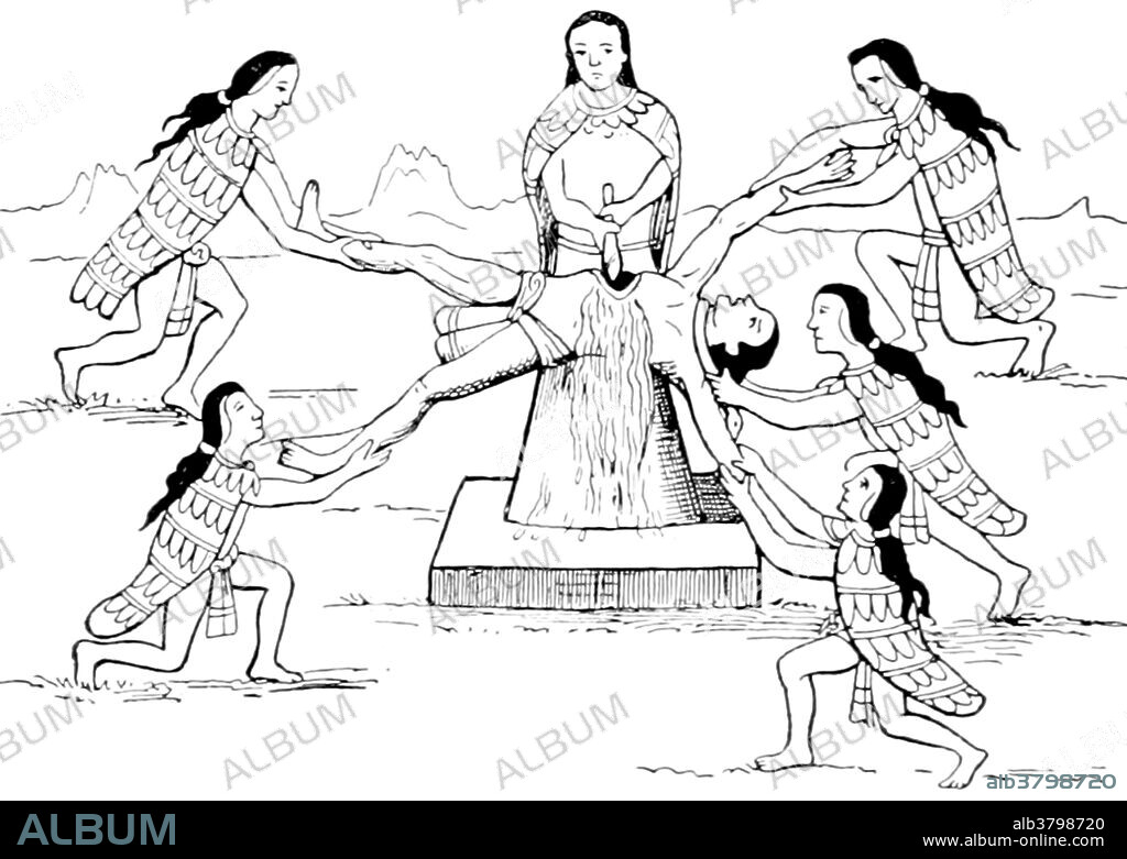 Human sacrifice was a religious practice characteristic of pre-Columbian Aztec civilization, as well as of other mesoamerican civilizations such as the Maya and the Zapotec. The Aztecs had 18 months in one cycle, and for each of the 18 months there was ritual sacrifice. The victim would be painted as a part of the ritual, they would be placed on a slab where their heart would be removed and held up to the sun. The body would be thrown down the stairs of the temple, the limbs were removed and later cooked. It's estimated that 20,000 humans were sacrificed by the Aztecs every year. Image taken from page 32 of "Kulturgeschichte Vierte Auflage" by Friedrich Anto Heller von Hellwald, 1896.