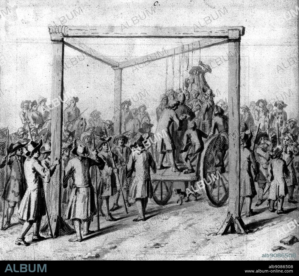 The gallows at Tyburn. 'I got for a shilling to stand upon the wheel of a cart, in great pain, above an hour before the execution was done.' (21st January 1664). Hanging at Tyburn, attributed to Marcellus Laroon II. Taken from Pepys, Samuel English diarist and naval administrator; kept diary 1660-1669 (published 1893-1899); president of Royal Society 1684-1686 _1633-1703.
