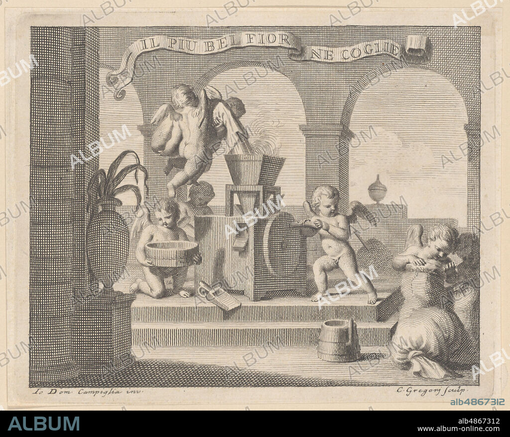 CARLO GREGORI. She gathers the fairest flower (Il più bel fior ne coglie), a group of six putti working together in an arched workshop, 1740-59.