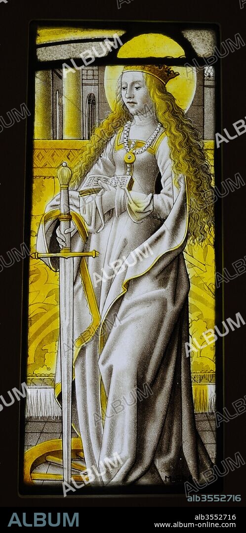 Saint Catherine of Alexandria (died c. early 4th century). Christian martyr. Stained glass, detail. Cologne, Germany, c. 1520. Schnu_tgen Museum. Cologne, Germany.