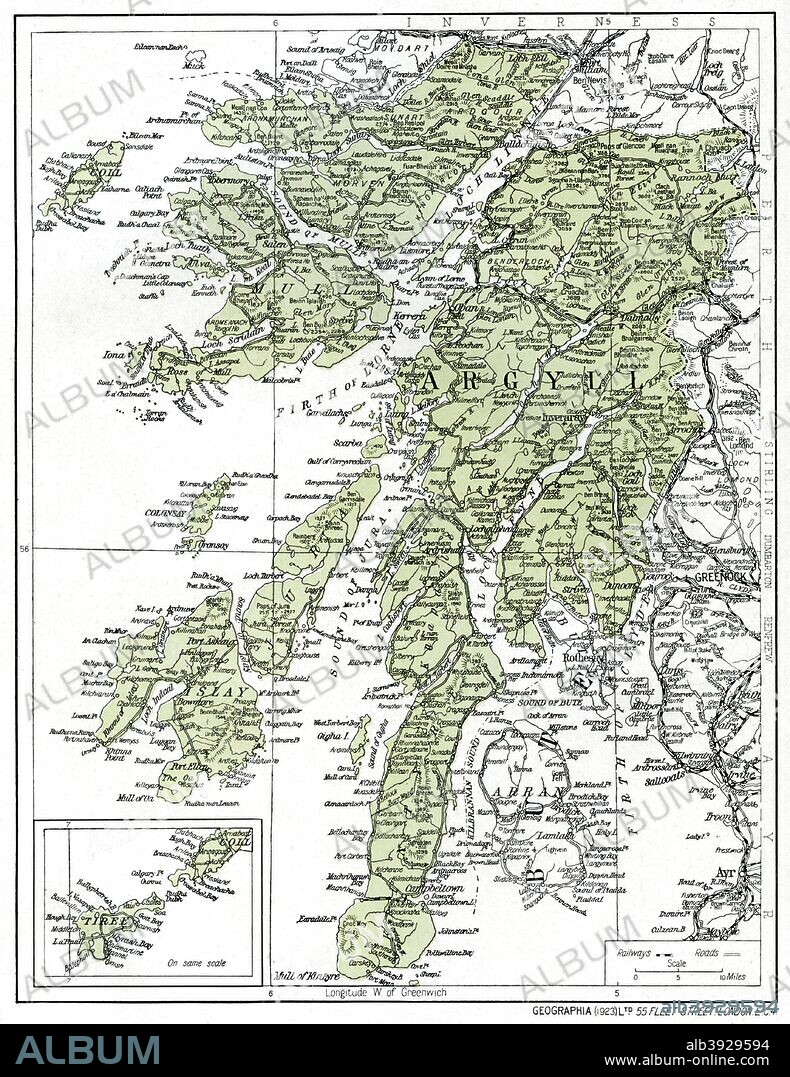 Map of Argyllshire, 1924-1926. The Western Isles including Islay, Jura and Mull. Illustration from Hutchinson's Britain Beautiful, edited by Walter Hutchinson, volume I, (Hutchinson and Co, 1924-1926).