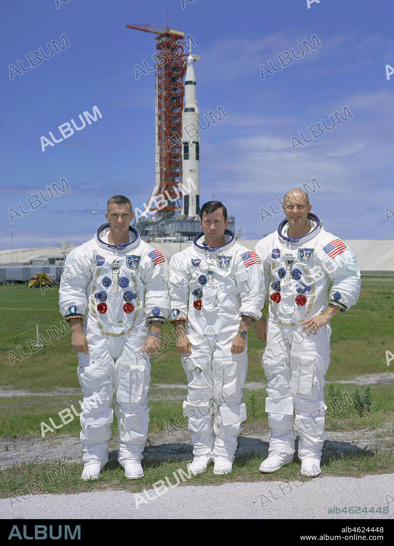 Apollo 10 - NASA, c1969. Apollo 10 crew. (L-R): Lunar Module Pilot Eugene A. Cernan, Command Module Pilot John W. Young, and Mission Commander Thomas P. Stafford.