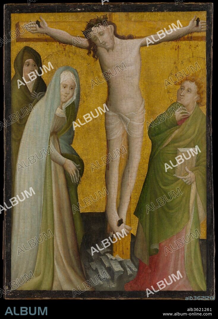 The Crucifixion. Artist: Master of the Berswordt Altar (German, Westphalian, active ca. 1400-35). Dimensions: 23 1/2 x 17 in. (59.7 x 43.2 cm). Date: ca. 1400.
These panels were among thirty scenes of an extensive narrative cycle that formed part of a large altarpiece from the Neustädter Marienkirche in Bielefeld, Westphalia. They were created two decades before panel painting underwent a qualitative revolution in the art of Jan van Eyck, Robert Campin and Rogier van der Weyden, who achieved a new sense of realism in their works. The artist, one of the foremost painters of the International Gothic style in northwest Germany, still adhered to the traditional gilded background, although the inclusion of a horizon and some schematic natural motifs indicate an outdoor setting for both scenes.