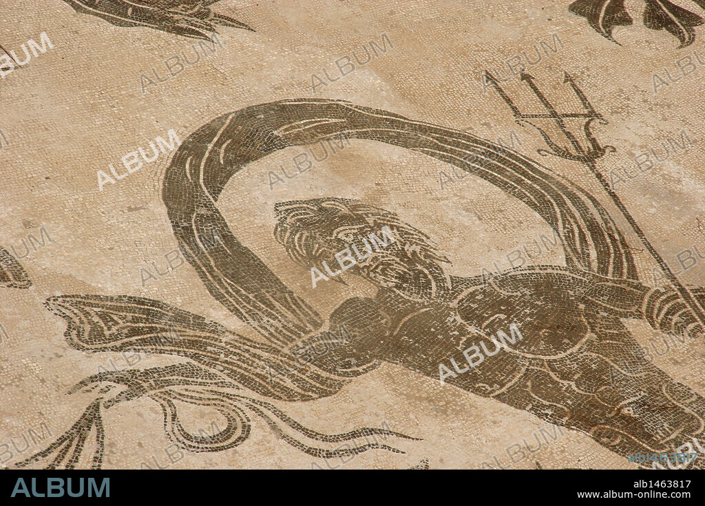 ARTE ROMANO. ITALIA. OSTIA ANTICA. Ciudad romana en la costa del mar Tirreno y antiguo puerto comercial de la Roma Imperial. TERMAS DE NEPTUNO. Fechadas entre el siglo I-II d. C. Detalle del MOSAICO del "TRIUNFO DE NEPTUNO". Donde se presenta al dios del mar sobre una cuadriga tirada pro hipocampos, y rodeado por un cortejo de mosntruos marinos, neriedas y tritones. Alrededores de Roma.