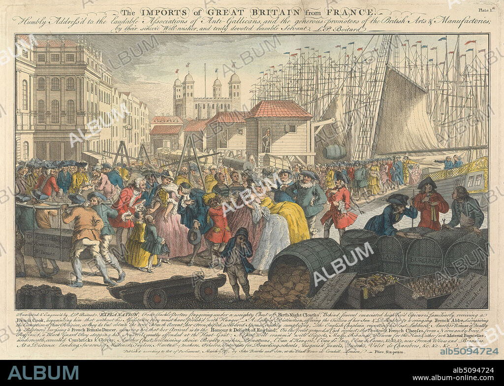 The Imports of Great Britain from France, Louis Philippe Boitard, active 17341760, after Louis Philippe Boitard, active 17341760, 1757, Hand colored engraving, Sheet: 9 7/8 x 13 7/8in. (25.1 x 35.2cm).