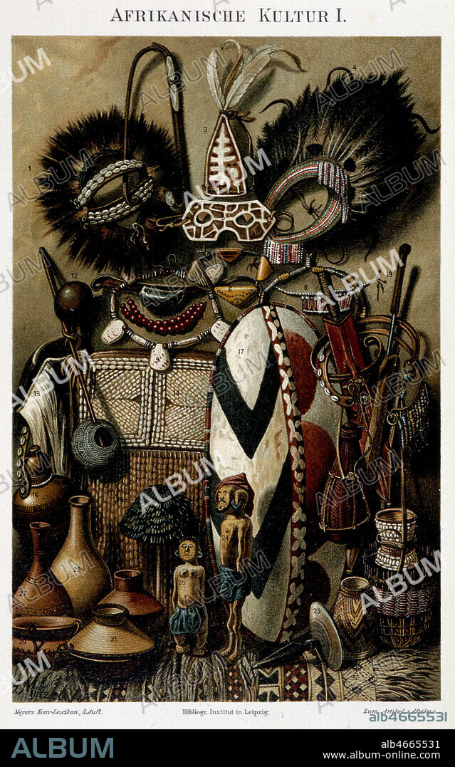 Culture africaine. Ensemble de masques, poteries, bouclier, statuettes fetiches. Chromolithographie tiree de Meyer Konversation Lexikon de 1896. Credit : Coll. Jonas/KHARBINE-TAPABOR.