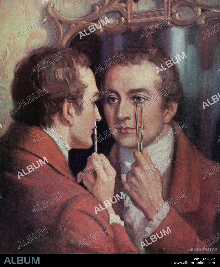 Thomas Young (1773-1829), English doctor and physicist, measuring his own eyes. Young conducted experiments from 1799-1801 that led to his explanations of astigmatism and accommodation.