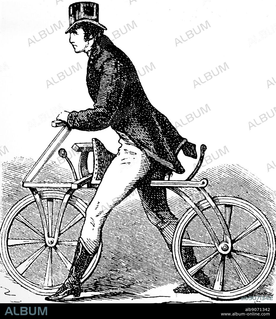 Illustration showing the early 19th century German inventor, Karl von Drais riding his Velocipede (Hobby Horse) bicycle. 1840.