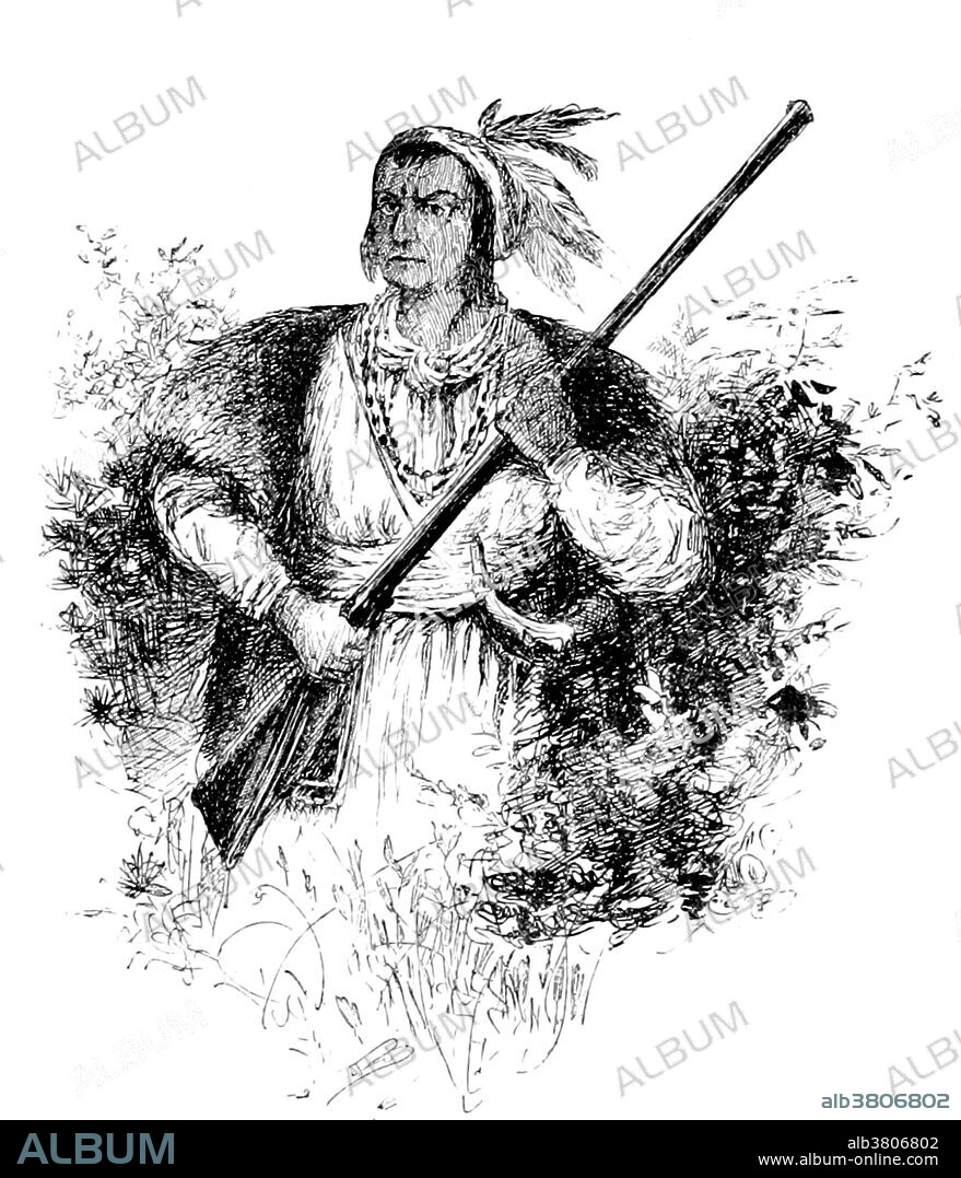 Image taken from page 279 of "The Story of the American Indian: his origin, development, decline and destiny" by Elbridge Streeter Brooks, 1887. Tecumseh (March 1768 - October 5, 1813) was a Native American leader of the Shawnee. He grew up in the Ohio Country during the American Revolutionary War and the Northwest Indian War, where he was constantly exposed to warfare. With a vision of establishing an independent Native American nation east of the Mississippi under British protection, Tecumseh worked to recruit additional tribes to the confederacy from the southern United States. During the War of 1812, Tecumseh's confederacy allied with the British and helped in the capture of Fort Detroit. After the U.S. Navy took control of Lake Erie in 1813, the Indians and British retreated. American forces caught them at the Battle of the Thames, and killed Tecumseh in October 1813. With his death, his confederation disintegrated, and the Indians had to move west again.