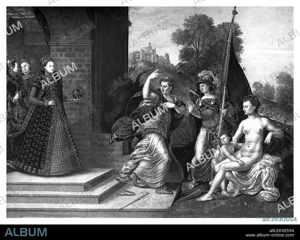 Queen Elizabeth I, Juno, Venus and Minerva, 1569, (1896). Elizabeth triumphing over the goddesses Juno, Minerva and Venus. Illustration from a work published by Boussod, Valadon & Co, (1896).