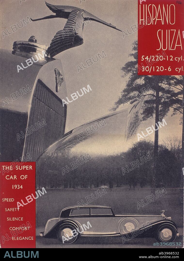 Poster advertising Hispano-Suiza 54/230 and 30/120 cars, from a catalogue, 1934. On the left is the mascot in the shape of a bird decorating the bonnet of the car.