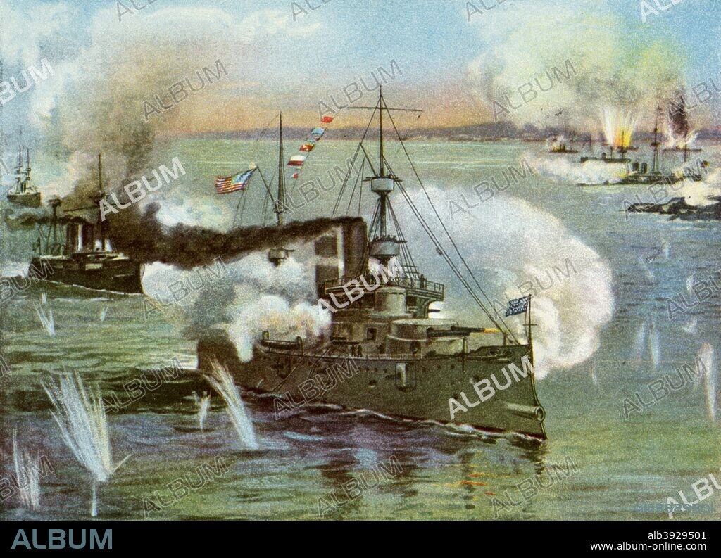 'The 'Olympia' at Manila', 1898. The US Navy protected cruiser USS 'Olympia' at the Battle of Manila Bay in the Philippines during the Spanish-American War. The 'Olympia' was the flagship of Commodore George Dewey at the battle, the first major engagement of the war, which saw the destruction of the Spanish Pacific Squadron. A print from Our Country in War and Relations with All Nations, by Murat Halstead, The United Subscription Book Publishers of America, 1898.