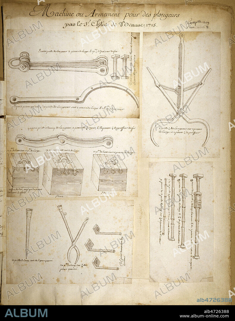 Machine ou armement pour des plongeurs par le Chevalier Pierre Remy de BEAUVE (17-18 s.) . Illustration de 1715 par de BEAUVILLIER (17-18 s.). Scaphandre, scaphandrier plongee sous marine XVIIIeme siecle. 18e s.Credit : Collection JEAN VIGNE/ KHARBINE-TAPABOR.