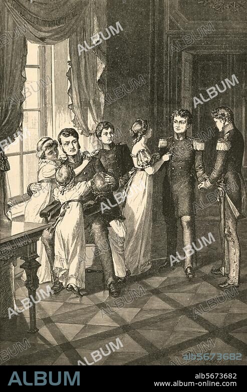 Frédéric Guillaume III, roi de Prusse. (1797-1840); 1770-1840. "Frédéric Guillaume III au milieu de ses enfants après son retour de la campagne en 1814". Gravure sur bois d'ap. un dessin de Philipp Grotjohann (1841-1892). De: B. Kugler, Kaiser Wilhelm der Grosse und seine Zeit, Leipzig 1897, p. 43. Berlin, Sammlung Archiv für Kunst und Geschichte.