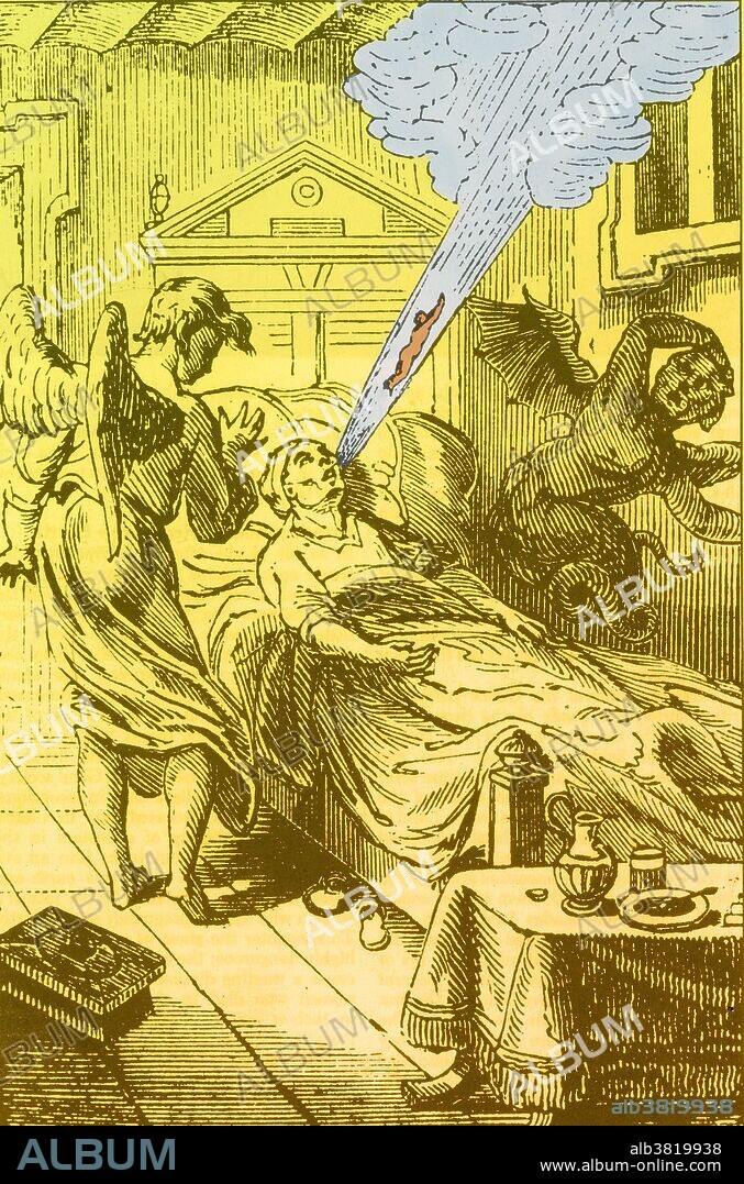 "As the soul of a dying man is breathed out of his body, angels and demons fight for control of it; for many peoples the soul is not merely a function of the living body but is capable of survival after death." drawing and quote from De Plancy's Dictionnaire Infernal, 1835.