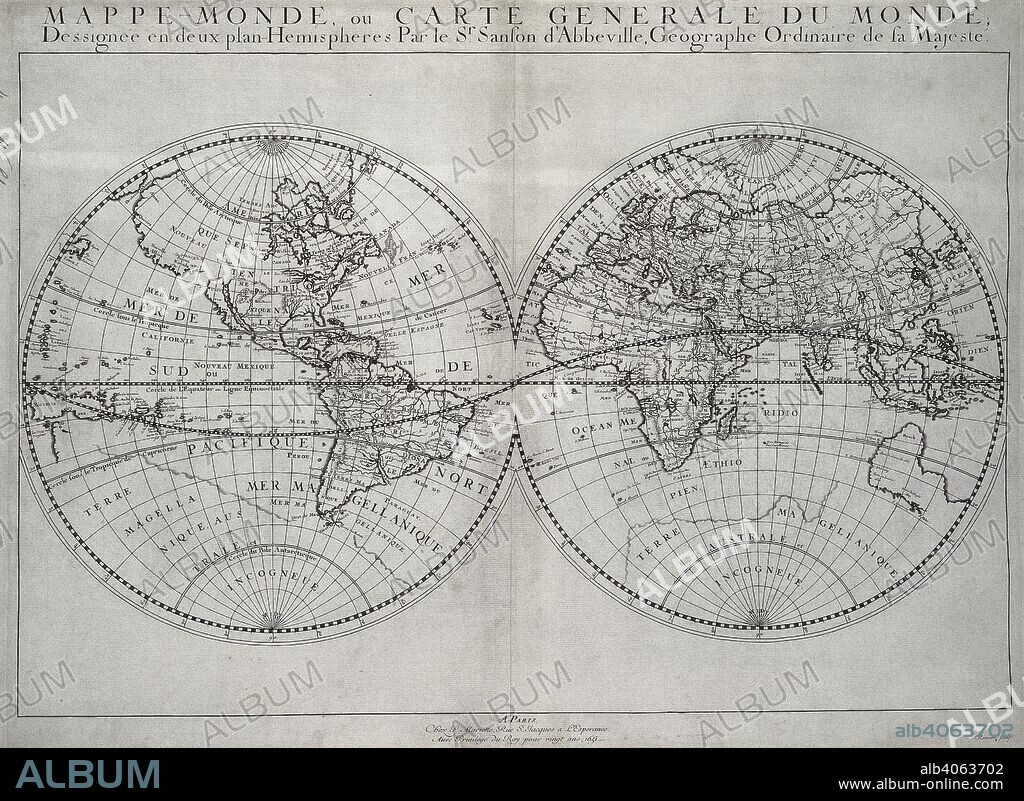 SR SANSON. A twin hemisphere world map. Mappe-Monde, ou Carte geÌneÌrale du Monde dessigneÌe en deux plan-heÌmispheÌ€res. 1651. Source: Maps K.Top.4.8. Language: French.
