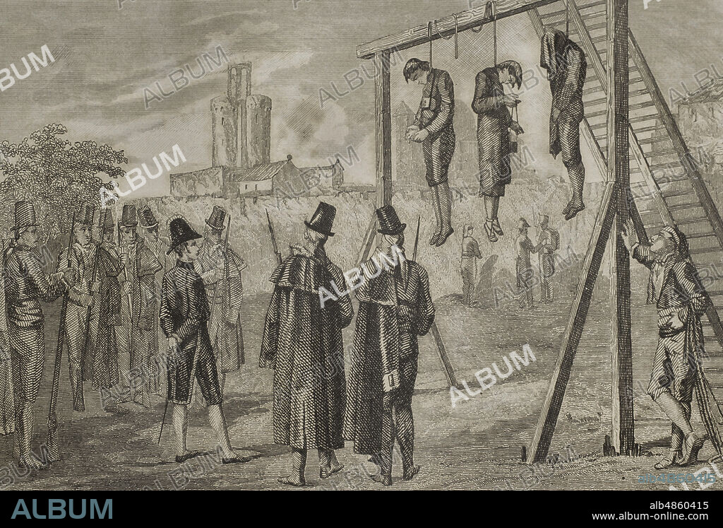 Guerra de los Agraviados o Malcontents. Tuvo lugar entre marzo y septiembre de 1827 mayoritariamente en territorio catalán, en contra de la política demasiado liberal por parte del gobierno de Fernando VII. Eran partidarios de las ideas absolutistas de Carlos María Isidro de Borbón, hermano de Fernando VII. Ejecuciones en la ciudadela de Barcelona. Ilustración por Urrabieta. Grabado por J. Nicolau. Historia de Cataluña y de la Corona de Aragón, por Victor Balaguer. Barcelona,1863.