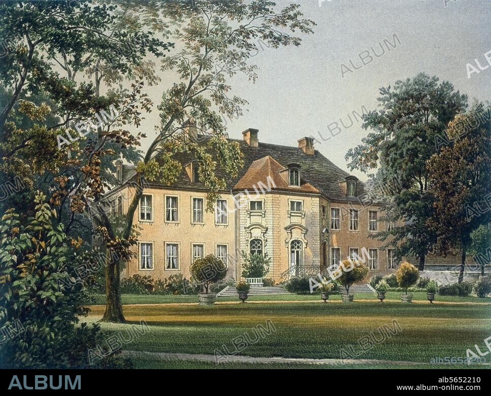 Schöneiche Manor (Brandenburg, Germany, built 1762 under Friedrich Wilhelm Schütze). Schöneiche Manor. Colour lithograph, c.1860 after a photograph by C.G.Gemeinert; Berlin (Verlag Alexander Duncker); 14,8 × 19,7 cm.